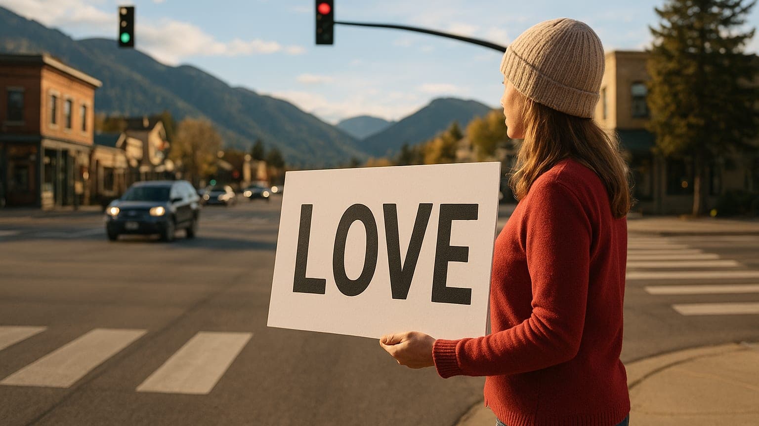 Woman Stands at Intersection with Love Sign for Nine Years