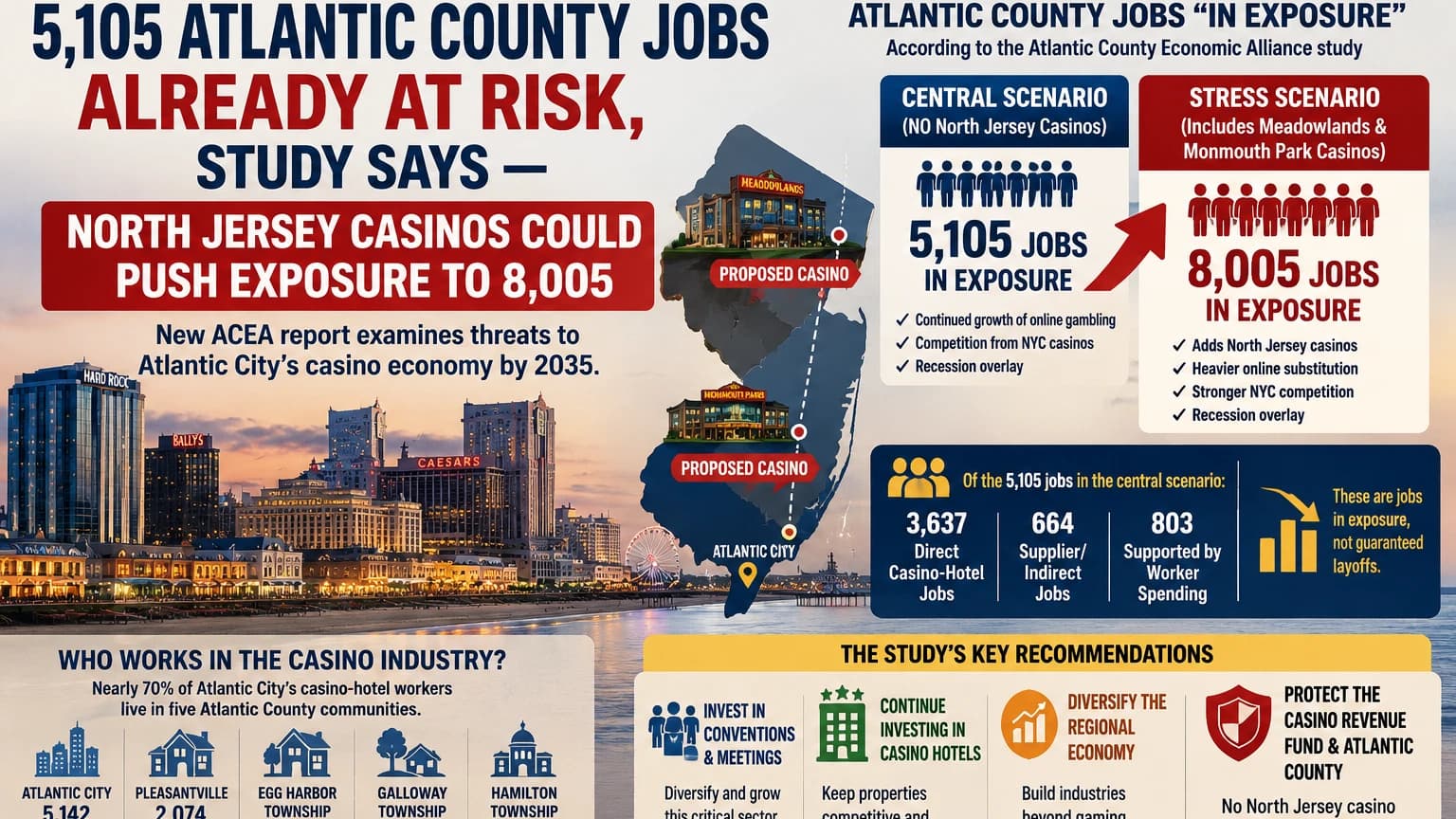 5,105 Atlantic County Jobs Already at Risk, Study Says — North Jersey Casinos Could Push Exposure to 8,005