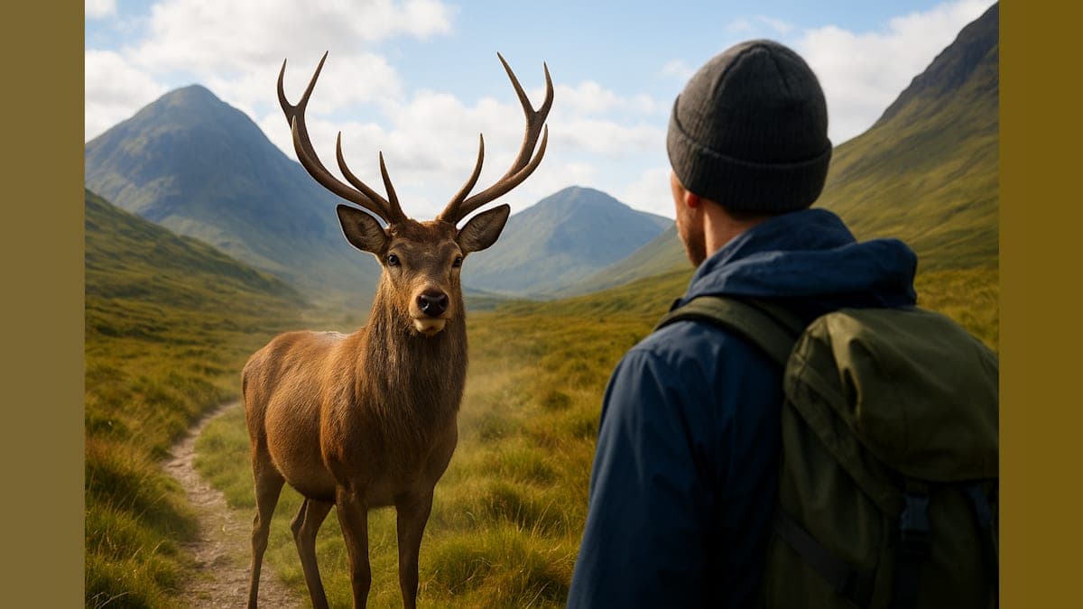 Wild Red Deer Stag Approaches Hiker in Remarkable Scottish Highlands Encounter