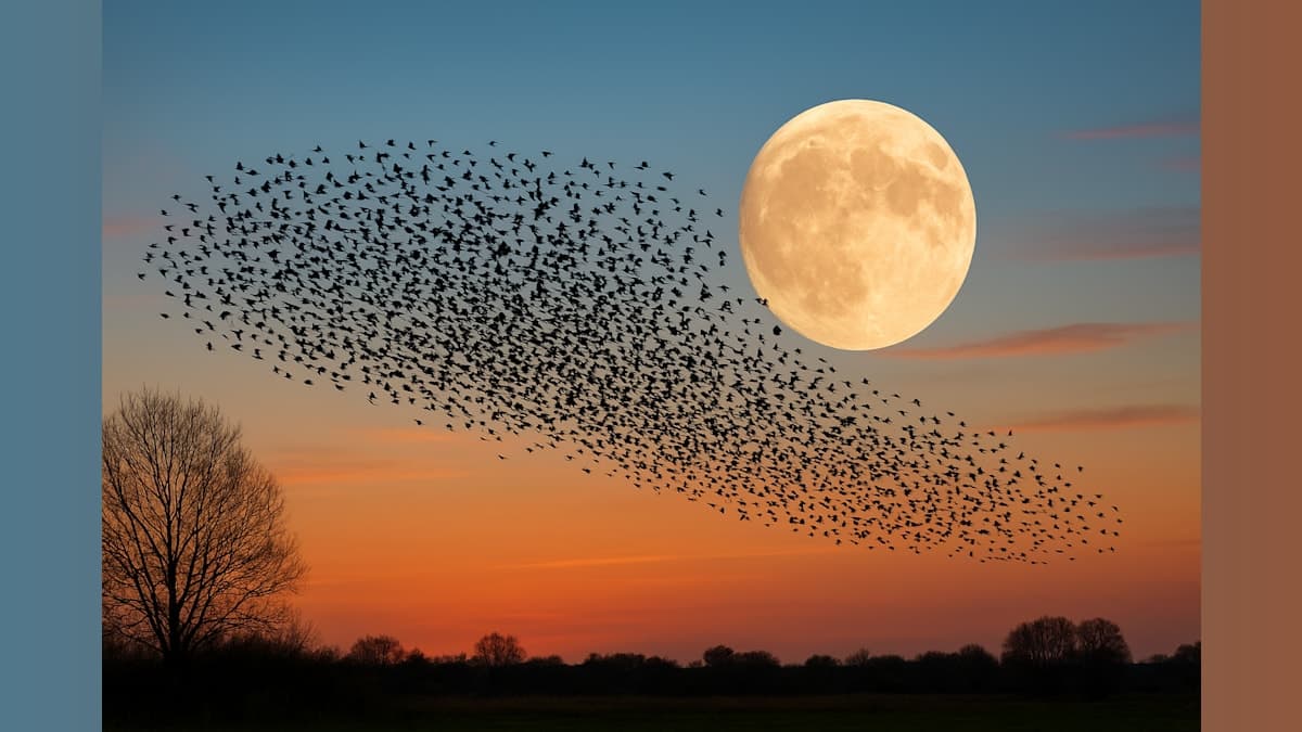 Spectacular Starling Murmuration Captured Against March's Full Worm Moon