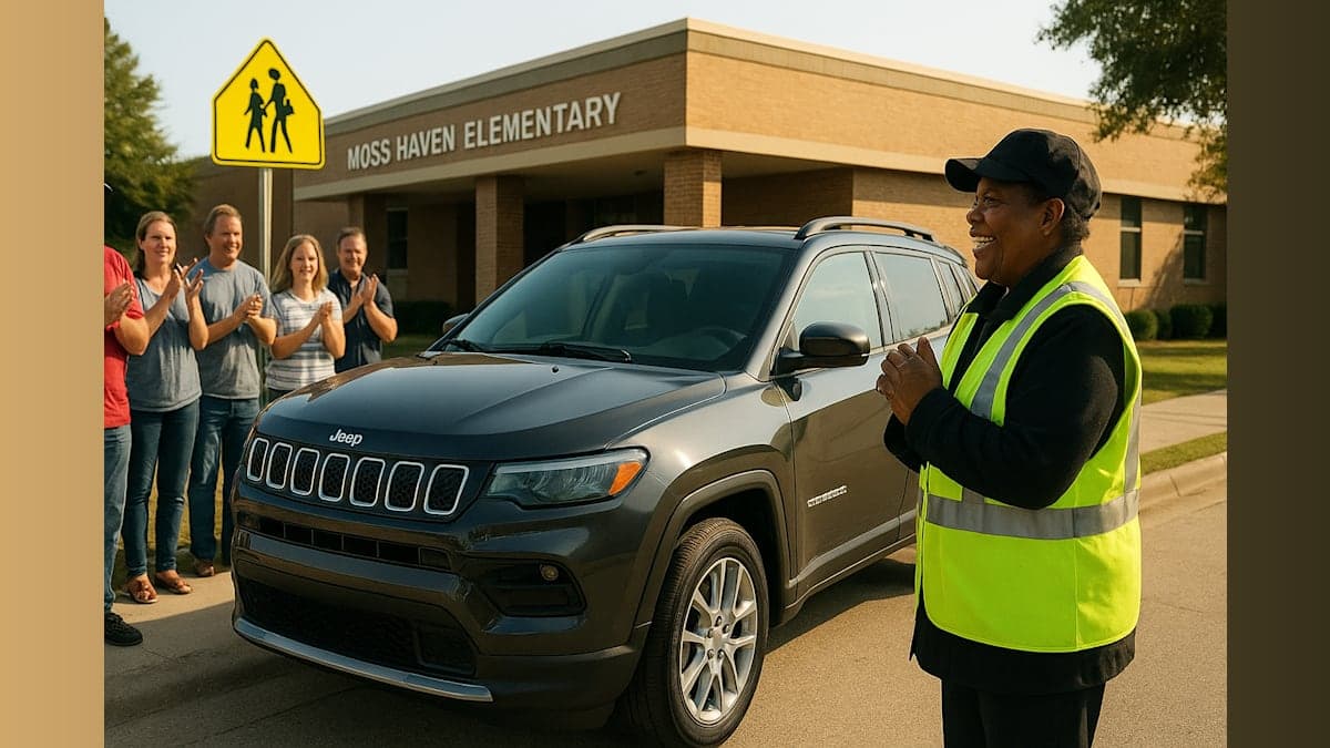 Moss Haven Dads Surprise Crossing Guard with New Jeep
