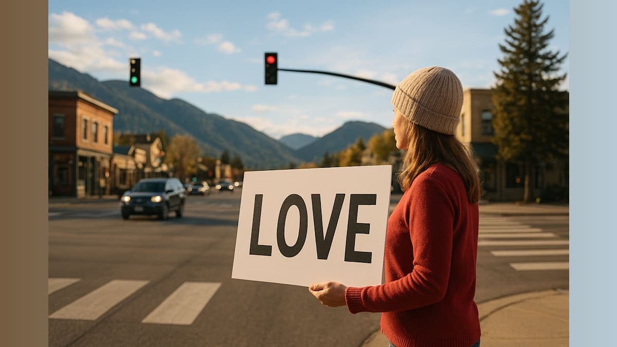 Woman Stands at Intersection with Love Sign for Nine Years